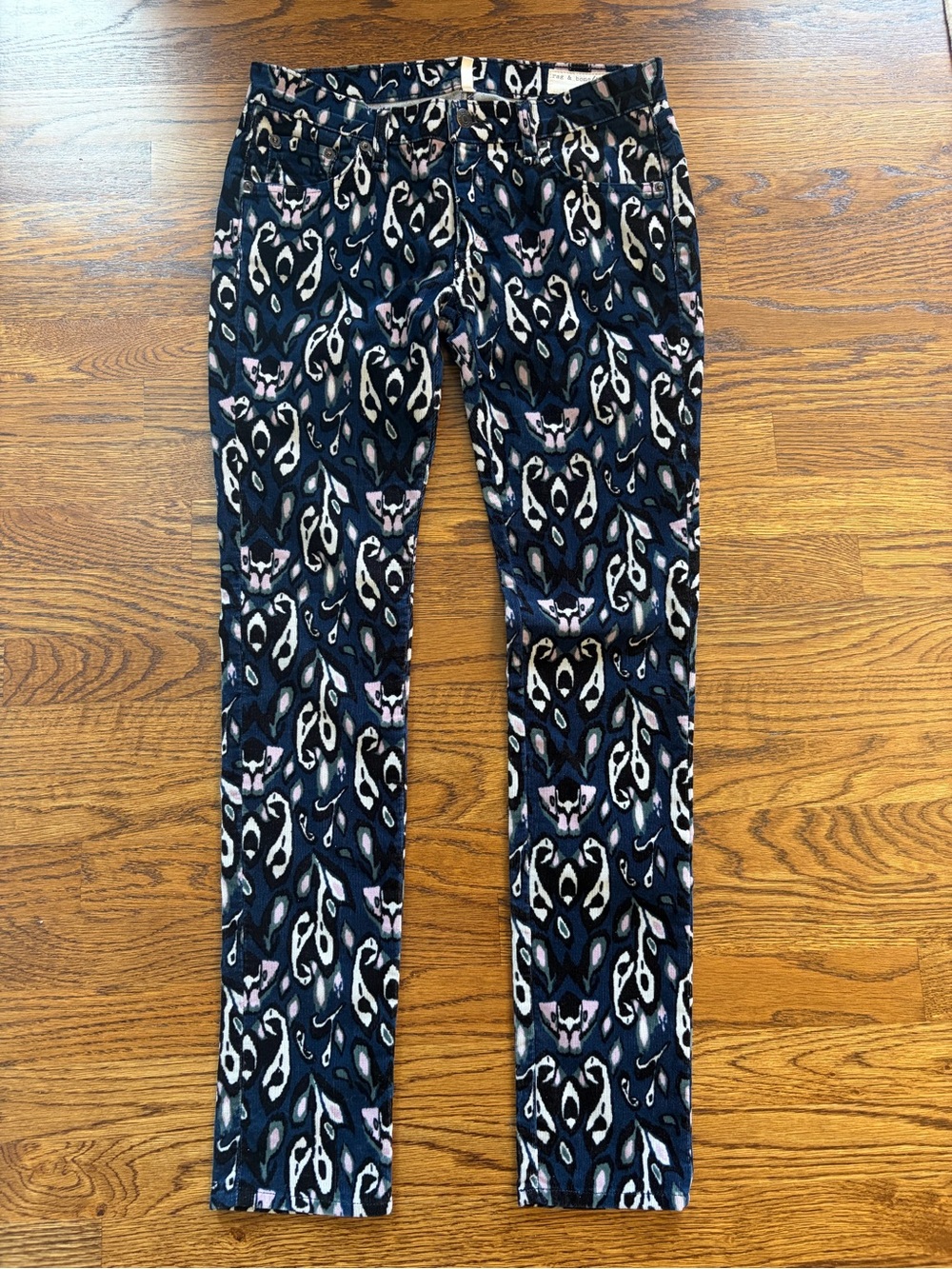 rag & bone Blue Ikat Skinny Corduroy Pants, Size 27, Indie Sleaze Whimsigoth